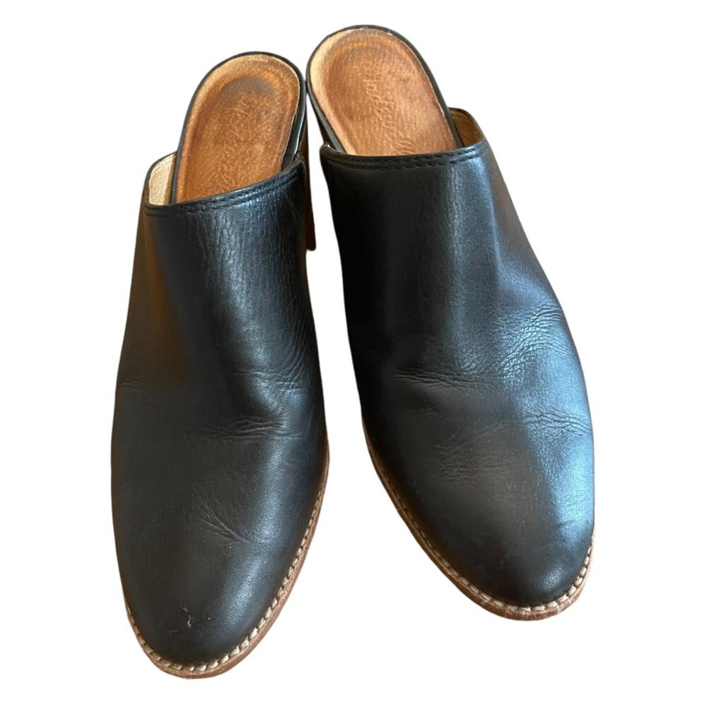 Size 7.5 Madewell The Harper Black Leather Mules J8560 Stacked Heel‎